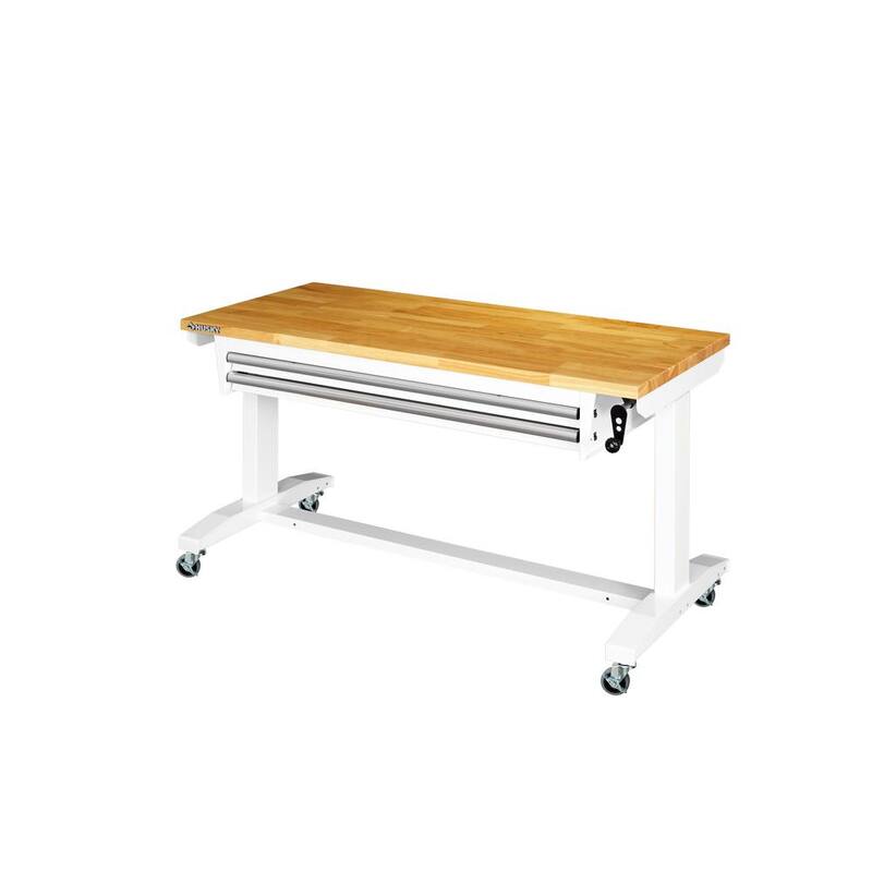Husky 52 pulgadas de ancho x 24 pulgadas de profundidad Mesa de trabajo con banco de trabajo de altura ajustable de 2 cajones de acero y superficie de madera maciza en color blanco - HOLT5202BJ2