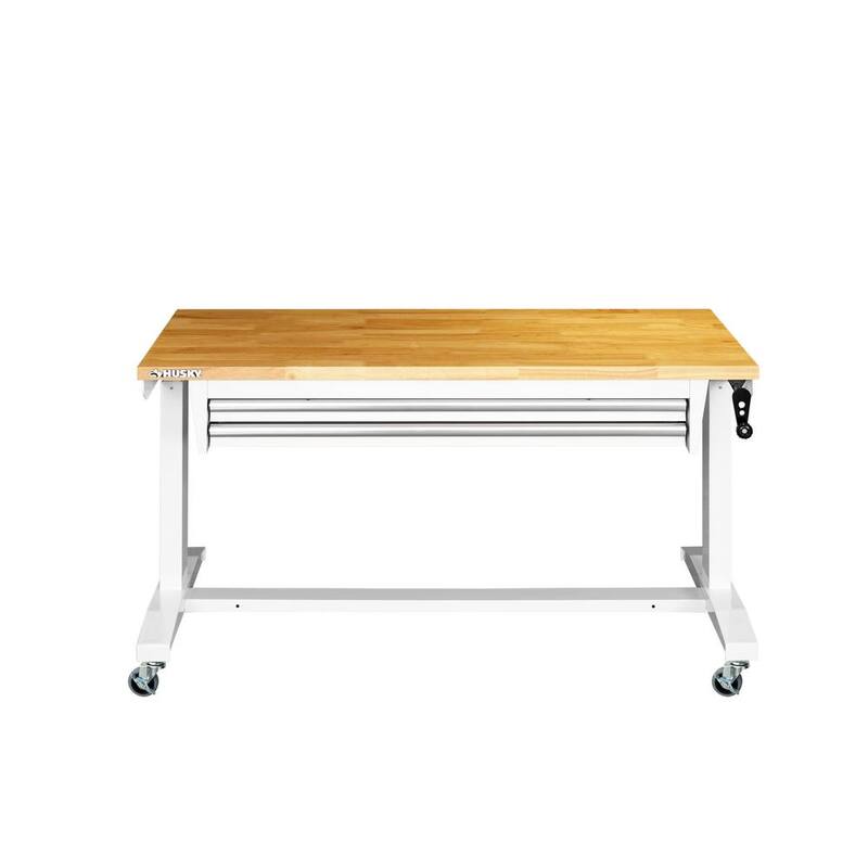 Husky 52 pulgadas de ancho x 24 pulgadas de profundidad Mesa de trabajo con banco de trabajo de altura ajustable de 2 cajones de acero y superficie de madera maciza en color blanco - HOLT5202BJ2