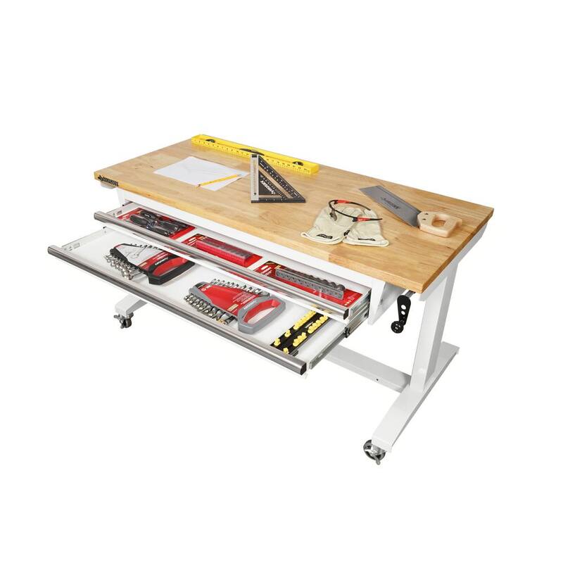 Husky 52 pulgadas de ancho x 24 pulgadas de profundidad Mesa de trabajo con banco de trabajo de altura ajustable de 2 cajones de acero y superficie de madera maciza en color blanco - HOLT5202BJ2