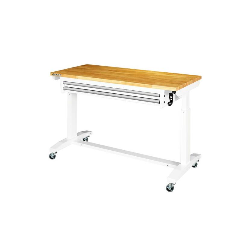 Husky 52 pulgadas de ancho x 24 pulgadas de profundidad Mesa de trabajo con banco de trabajo de altura ajustable de 2 cajones de acero y superficie de madera maciza en color blanco - HOLT5202BJ2