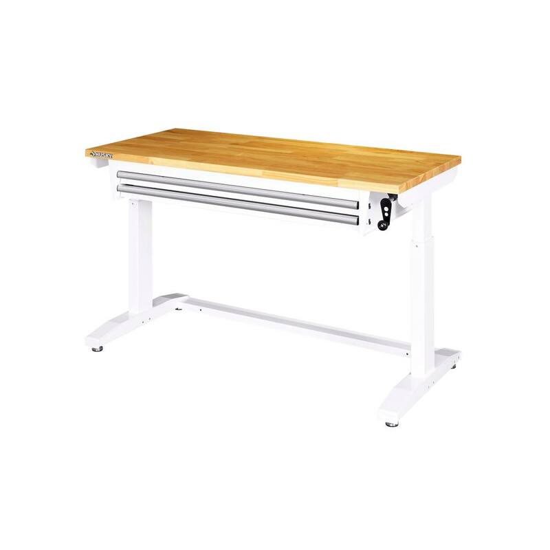 Husky 52 pulgadas de ancho x 24 pulgadas de profundidad Mesa de trabajo con banco de trabajo de altura ajustable de 2 cajones de acero y superficie de madera maciza en color blanco - HOLT5202BJ2