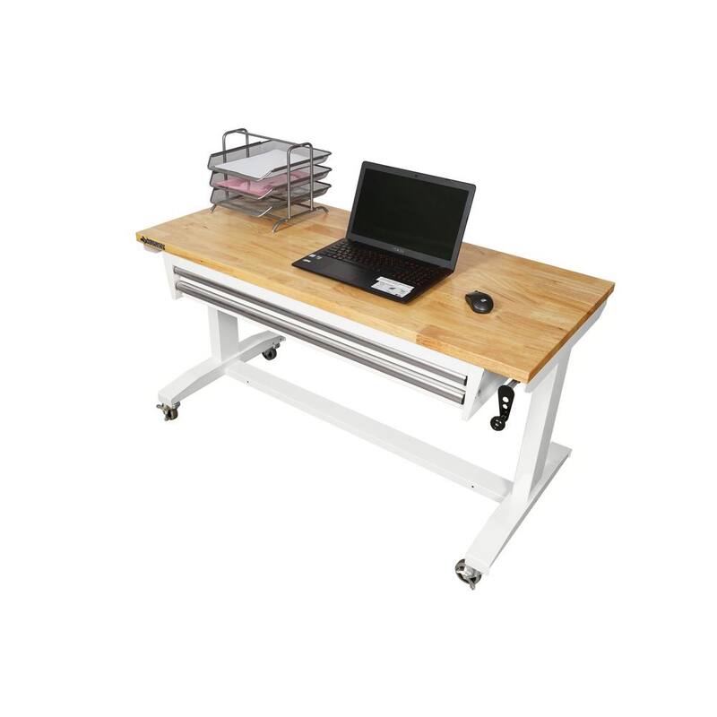 Husky 52 pulgadas de ancho x 24 pulgadas de profundidad Mesa de trabajo con banco de trabajo de altura ajustable de 2 cajones de acero y superficie de madera maciza en color blanco - HOLT5202BJ2