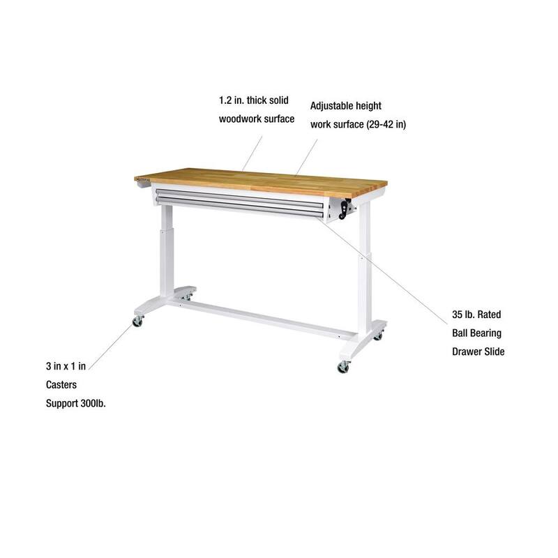 Husky 52 pulgadas de ancho x 24 pulgadas de profundidad Mesa de trabajo con banco de trabajo de altura ajustable de 2 cajones de acero y superficie de madera maciza en color blanco - HOLT5202BJ2