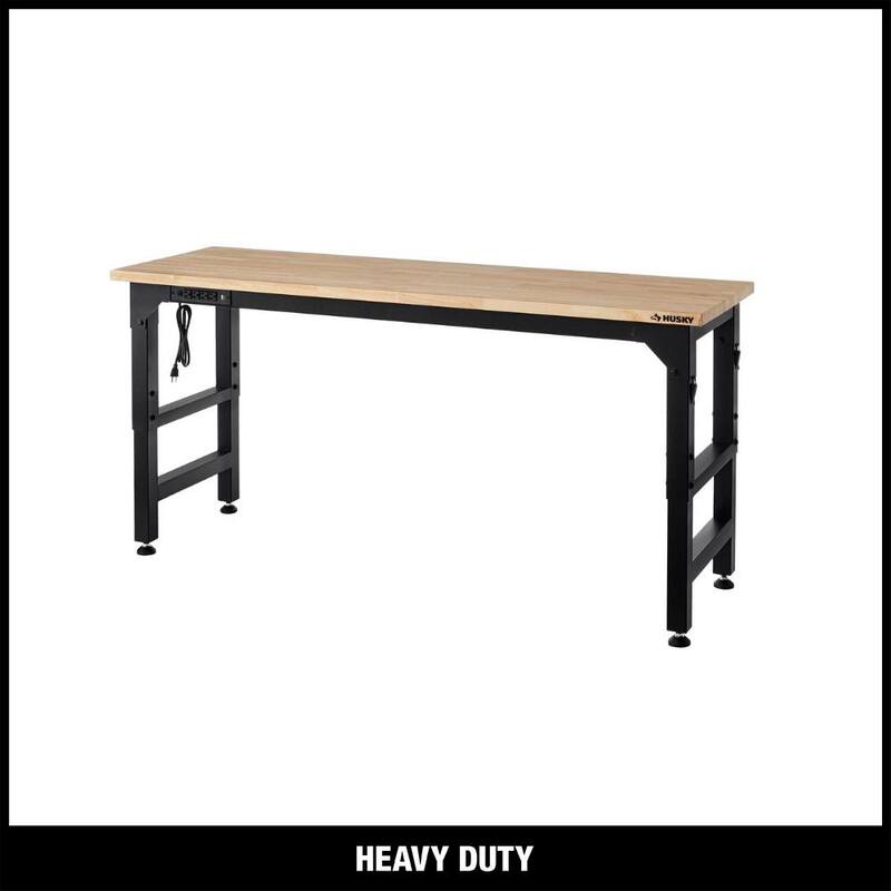 Mesa de trabajo Husky de 6 pies con altura ajustable y encimera de madera sólida en color negro para sistema de almacenamiento de garaje de acero soldado resistente - HTC1000004.