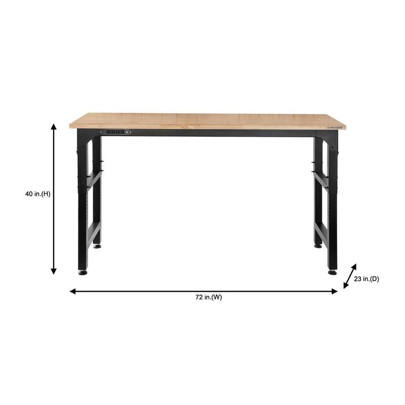 Mesa de trabajo Husky de 6 pies con altura ajustable y encimera de madera sólida en color negro para sistema de almacenamiento de garaje de acero soldado resistente - HTC1000004.
