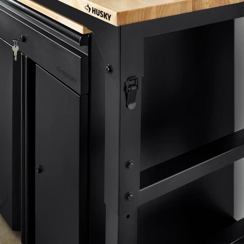 Mesa de trabajo Husky de 6 pies con altura ajustable y encimera de madera sólida en color negro para sistema de almacenamiento de garaje de acero soldado resistente - HTC1000004.