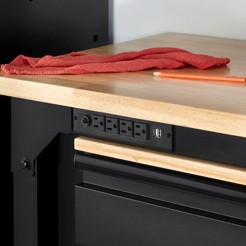 Mesa de trabajo Husky de 6 pies con altura ajustable y encimera de madera sólida en color negro para sistema de almacenamiento de garaje de acero soldado resistente - HTC1000004.