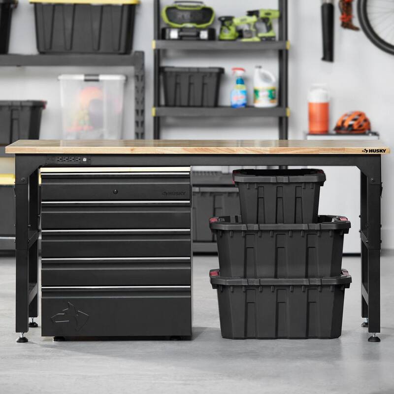 Mesa de trabajo Husky de 6 pies con altura ajustable y encimera de madera sólida en color negro para sistema de almacenamiento de garaje de acero soldado resistente - HTC1000004.
