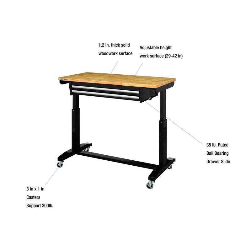 Mesa de trabajo ajustable en altura de 46 pulgadas de almacenamiento de herramientas Husky en color negro con 2 cajones - HOLT4602B12