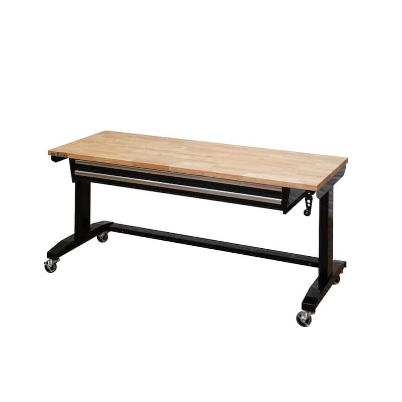 Mesa de trabajo negra Husky de 62 pulgadas de ancho por 24 pulgadas de profundidad con 2 cajones y altura ajustable, con parte superior de madera sólida - HOTL6202B12.