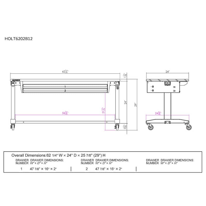 Mesa de trabajo negra Husky de 62 pulgadas de ancho por 24 pulgadas de profundidad con 2 cajones y altura ajustable, con parte superior de madera sólida - HOTL6202B12.
