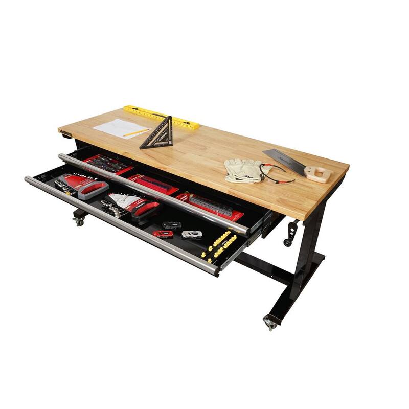 Mesa de trabajo negra Husky de 62 pulgadas de ancho por 24 pulgadas de profundidad con 2 cajones y altura ajustable, con parte superior de madera sólida - HOTL6202B12.