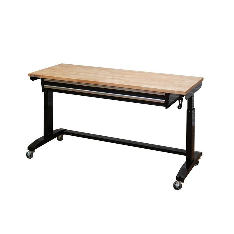 Mesa de trabajo negra Husky de 62 pulgadas de ancho por 24 pulgadas de profundidad con 2 cajones y altura ajustable, con parte superior de madera sólida - HOTL6202B12.