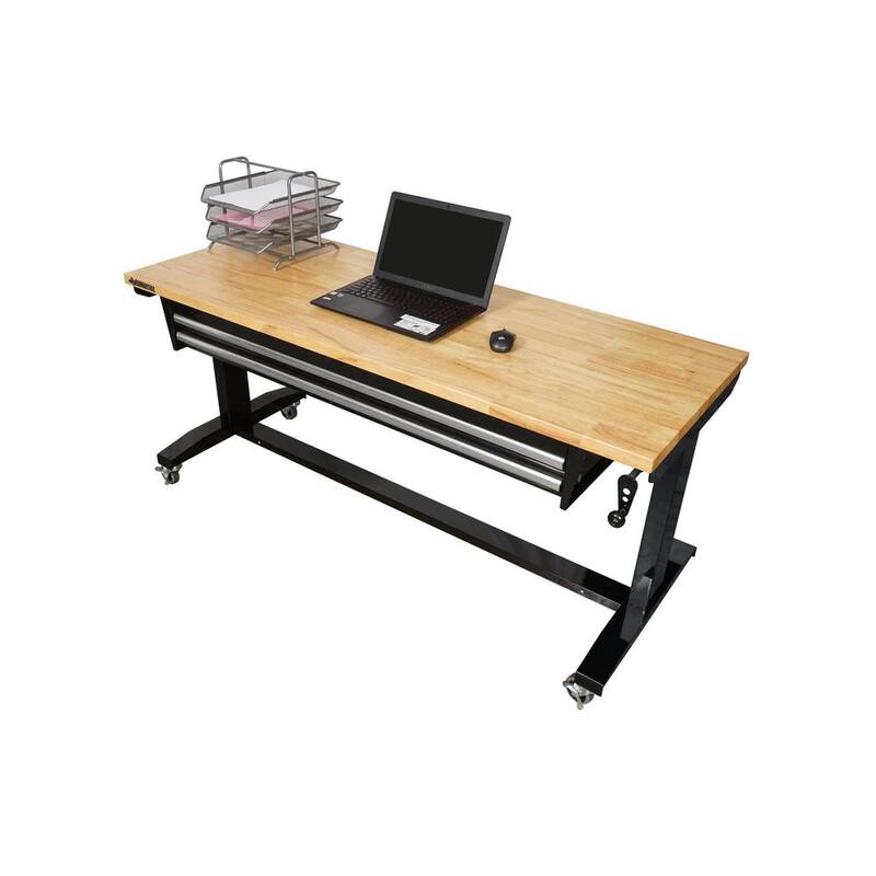 Mesa de trabajo negra Husky de 62 pulgadas de ancho por 24 pulgadas de profundidad con 2 cajones y altura ajustable, con parte superior de madera sólida - HOTL6202B12.