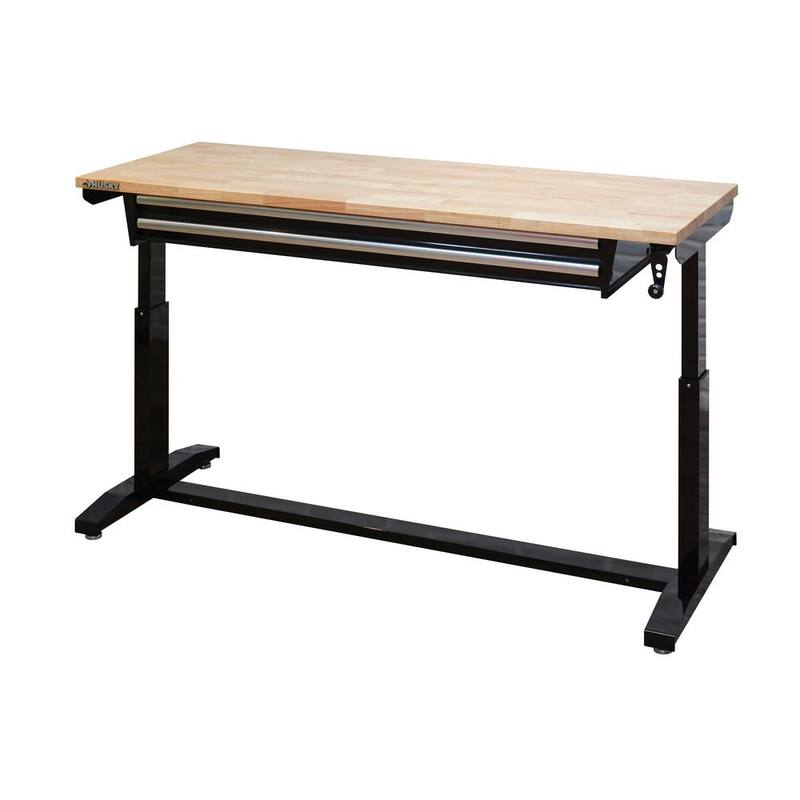 Mesa de trabajo negra Husky de 62 pulgadas de ancho por 24 pulgadas de profundidad con 2 cajones y altura ajustable, con parte superior de madera sólida - HOTL6202B12.