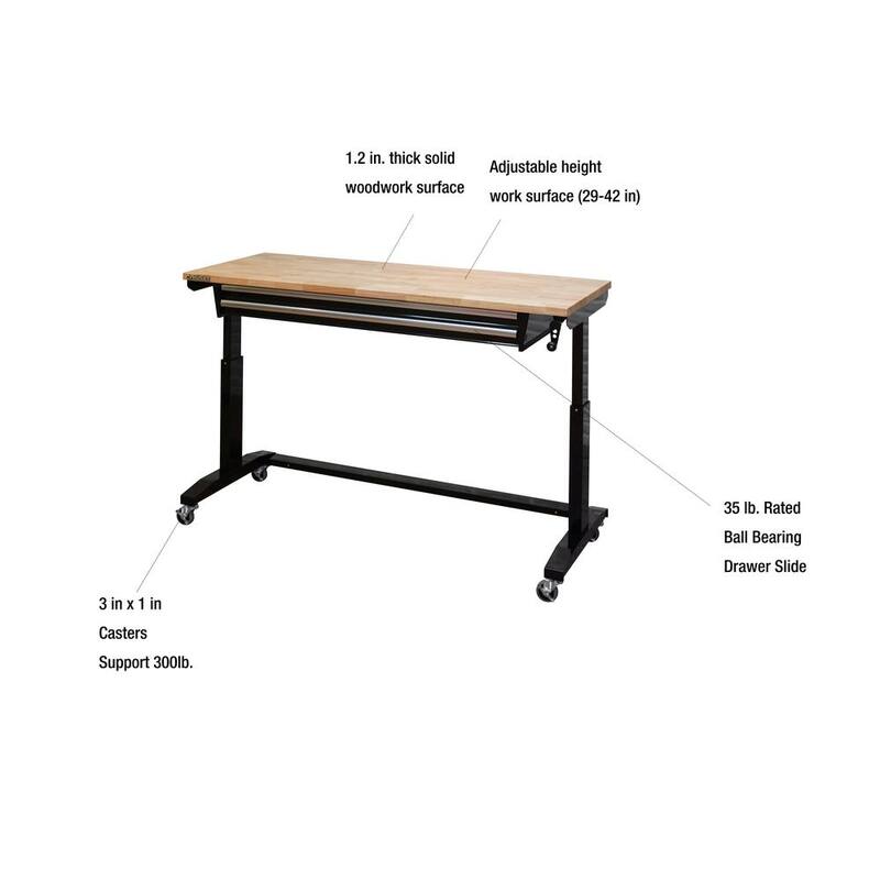 Mesa de trabajo negra Husky de 62 pulgadas de ancho por 24 pulgadas de profundidad con 2 cajones y altura ajustable, con parte superior de madera sólida - HOTL6202B12.