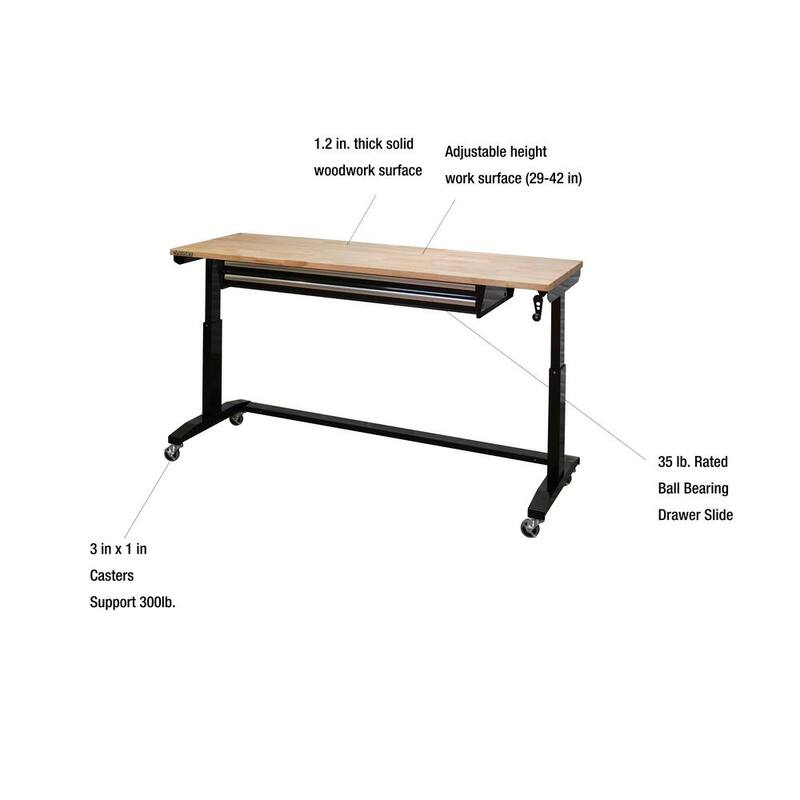 Mesa de trabajo Husky de 62 pulgadas de ancho x 24 pulgadas de profundidad con altura ajustable y tablero de madera maciza - HOTL7202B12