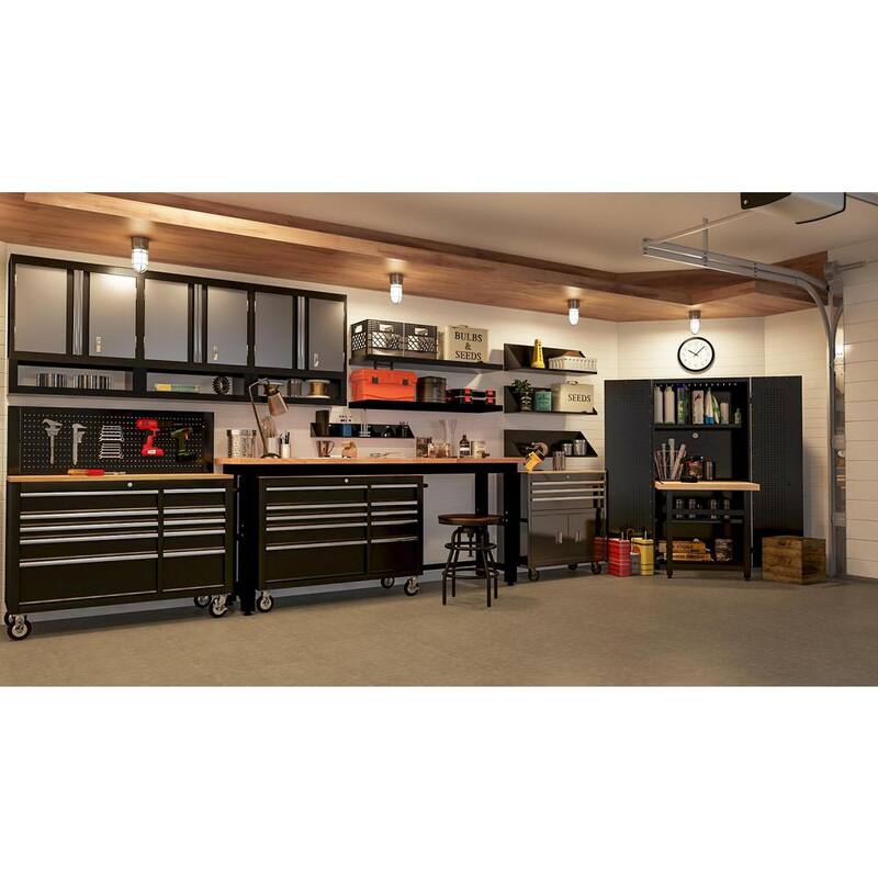 Mesa de trabajo Husky de 8 pies con altura ajustable y superficie de madera sólida en negro para sistema de almacenamiento de garaje de acero listo para ensamblar - G9600-US1