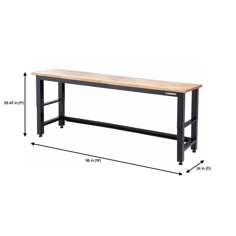 Mesa de trabajo Husky de 8 pies con altura ajustable y superficie de madera sólida en negro para sistema de almacenamiento de garaje de acero listo para ensamblar - G9600-US1