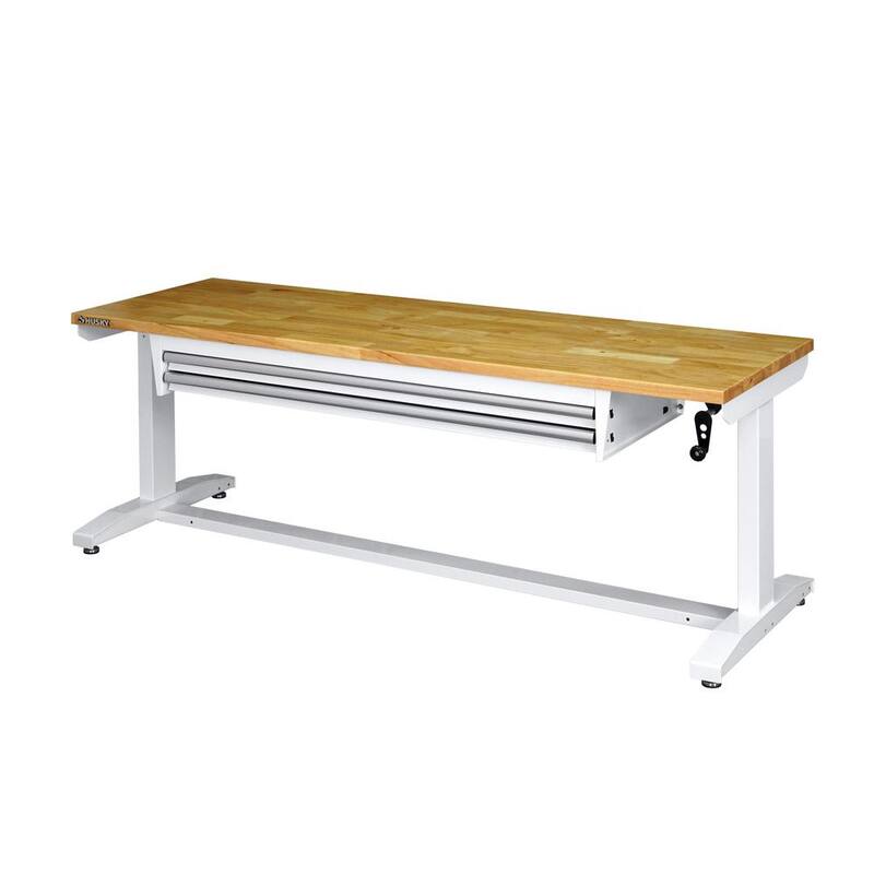 Mesa de trabajo blanca Husky de 72 pulgadas de ancho por 24 pulgadas de largo con altura ajustable de 2 cajones y parte superior de madera sólida - HOLT7202BJ2