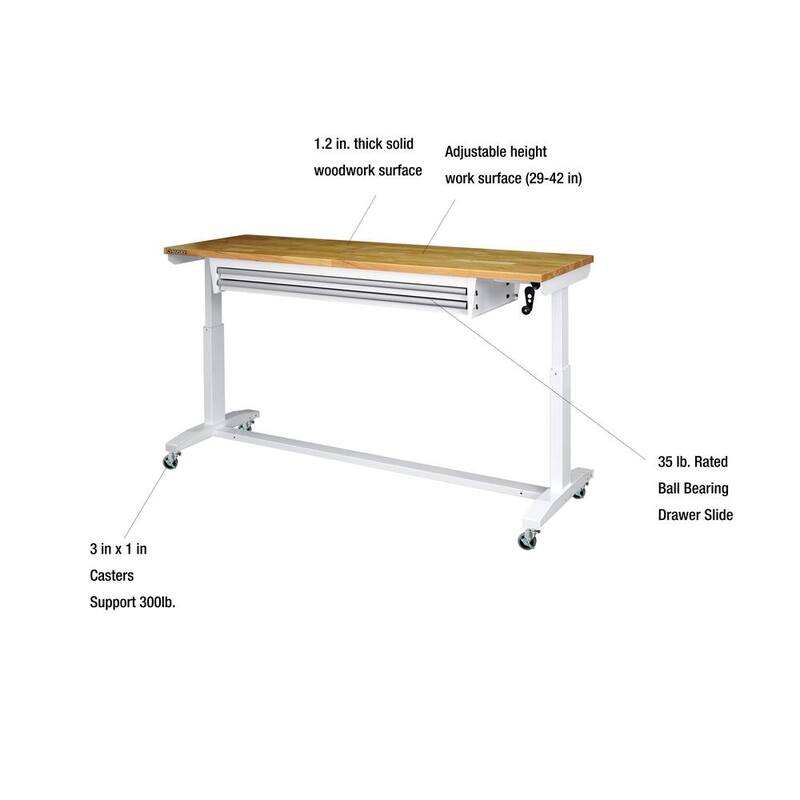 Mesa de trabajo blanca Husky de 72 pulgadas de ancho por 24 pulgadas de largo con altura ajustable de 2 cajones y parte superior de madera sólida - HOLT7202BJ2