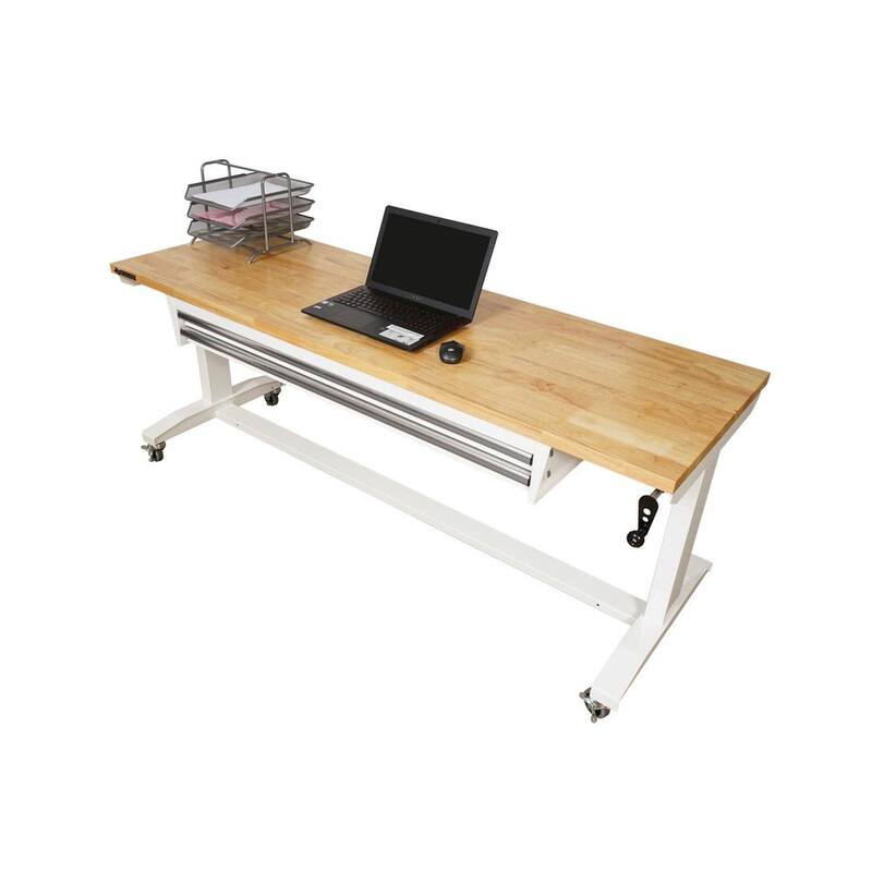 Mesa de trabajo blanca Husky de 72 pulgadas de ancho por 24 pulgadas de largo con altura ajustable de 2 cajones y parte superior de madera sólida - HOLT7202BJ2