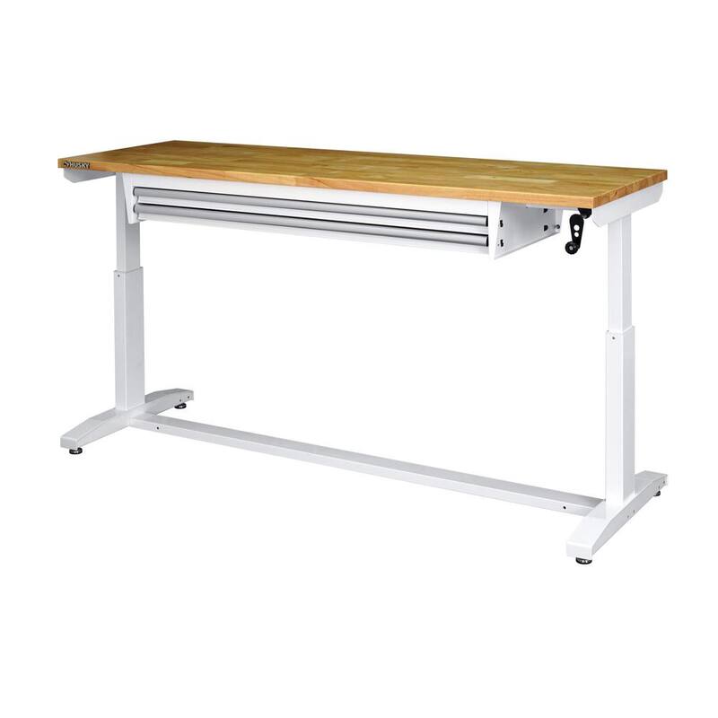 Mesa de trabajo blanca Husky de 72 pulgadas de ancho por 24 pulgadas de largo con altura ajustable de 2 cajones y parte superior de madera sólida - HOLT7202BJ2