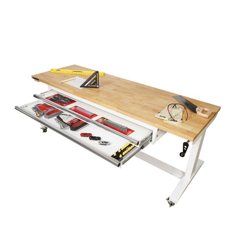 Mesa de trabajo blanca Husky de 72 pulgadas de ancho por 24 pulgadas de largo con altura ajustable de 2 cajones y parte superior de madera sólida - HOLT7202BJ2