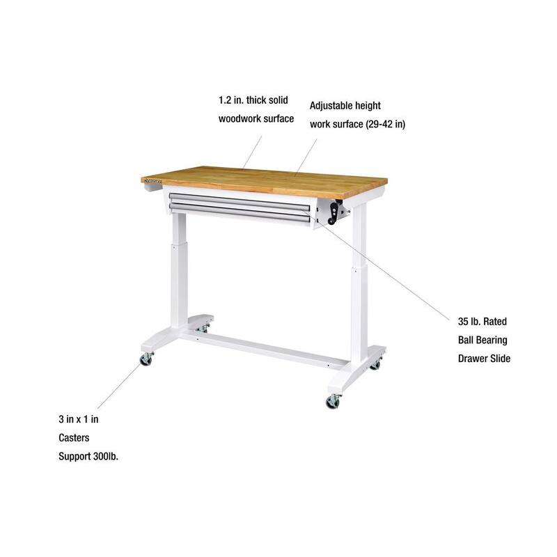 Mesa de trabajo ajustable en altura de 46 pulgadas de ancho en color blanco con 2 cajones de almacenamiento - HOLT4602BJ2 de Husky