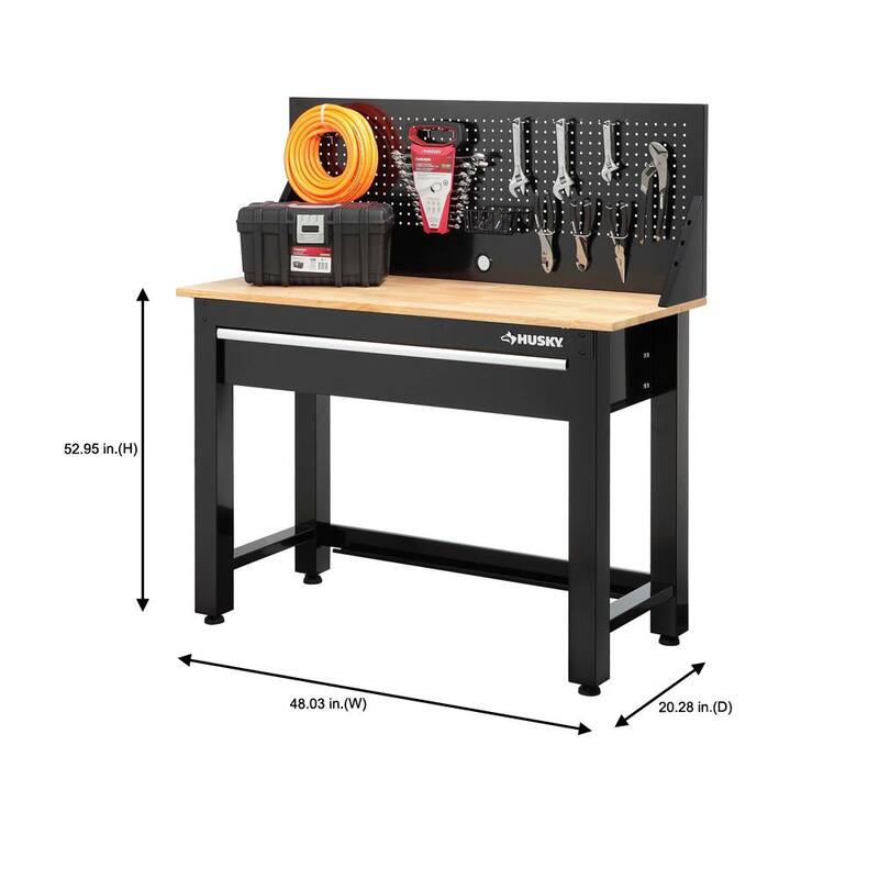 Banco de trabajo Husky de 4 pies con cubierta de madera maciza en negro con tablero perforado y 1 cajón - G4801S-US
