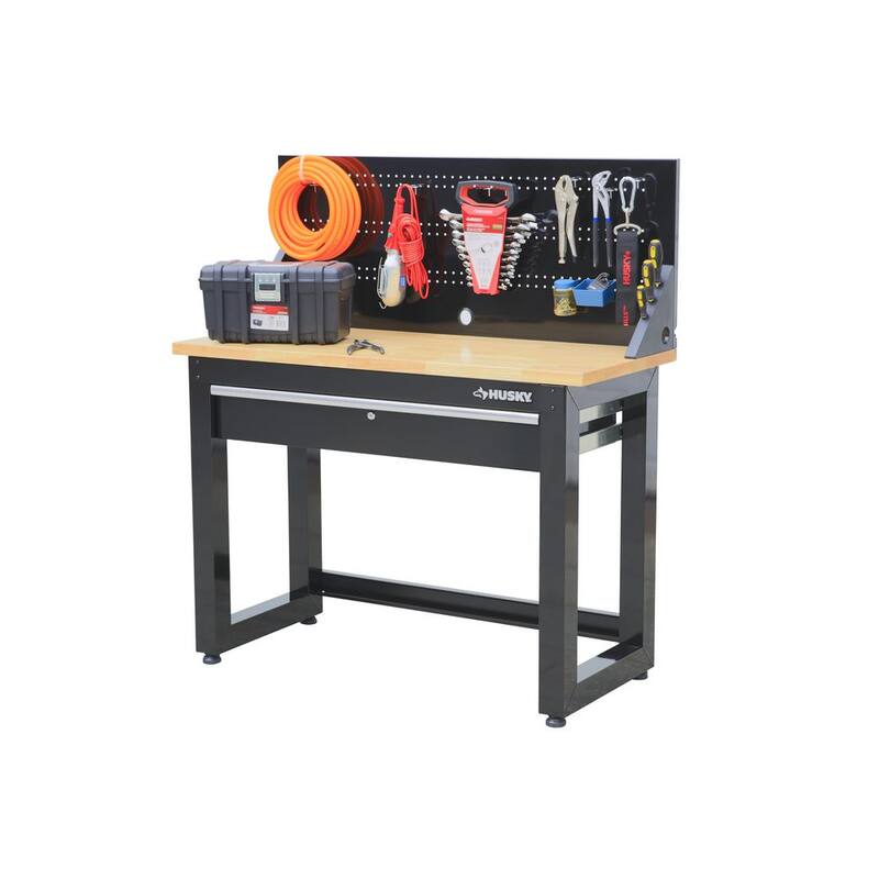 Banco de trabajo Husky de 4 pies con cubierta de madera maciza en negro con tablero perforado y 1 cajón - G4801S-US