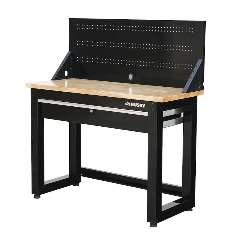 Banco de trabajo Husky de 4 pies con cubierta de madera maciza en negro con tablero perforado y 1 cajón - G4801S-US