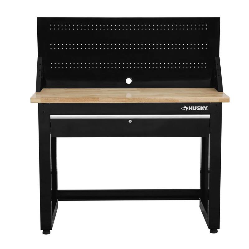Banco de trabajo Husky de 4 pies con cubierta de madera maciza en negro con tablero perforado y 1 cajón - G4801S-US