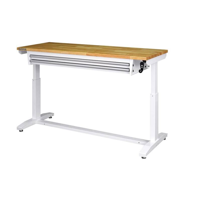 Mesa de trabajo Husky Tool Storage de 62 pulgadas de ancho en color blanco con altura ajustable y 2 cajones - HOLT6202BJ2.