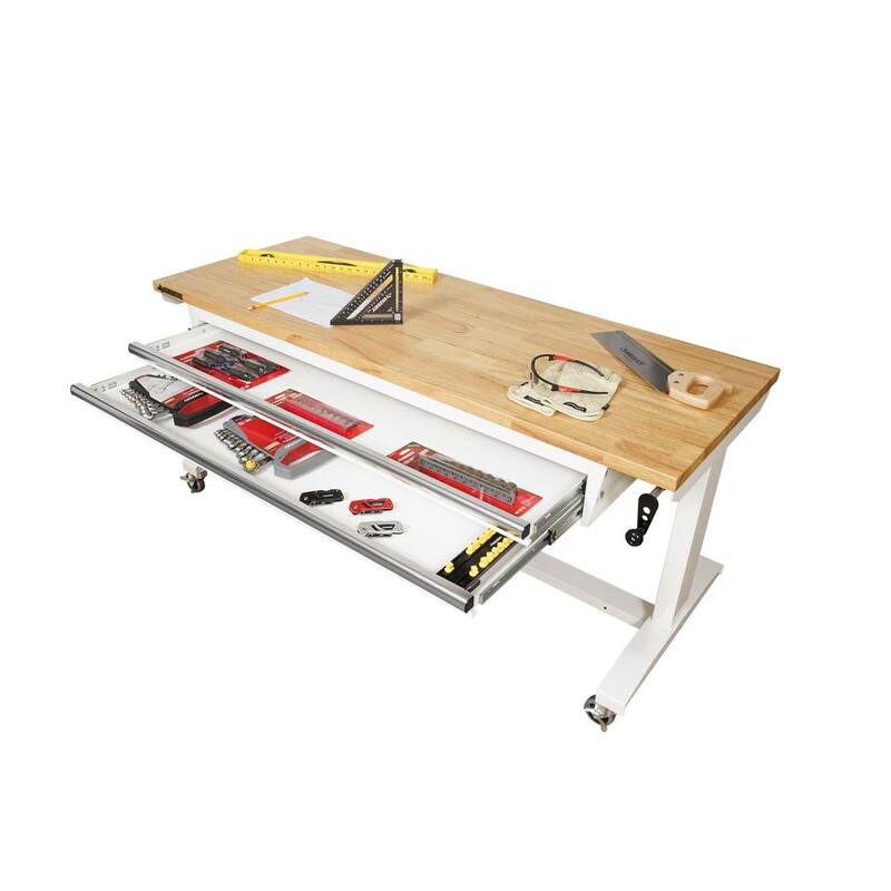 Mesa de trabajo Husky Tool Storage de 62 pulgadas de ancho en color blanco con altura ajustable y 2 cajones - HOLT6202BJ2.