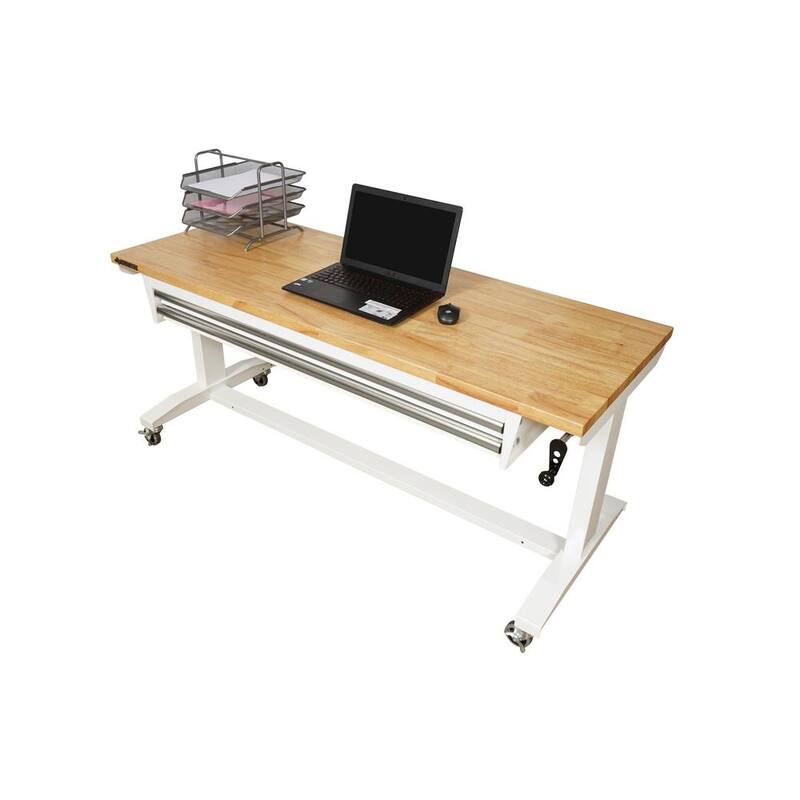 Mesa de trabajo Husky Tool Storage de 62 pulgadas de ancho en color blanco con altura ajustable y 2 cajones - HOLT6202BJ2.