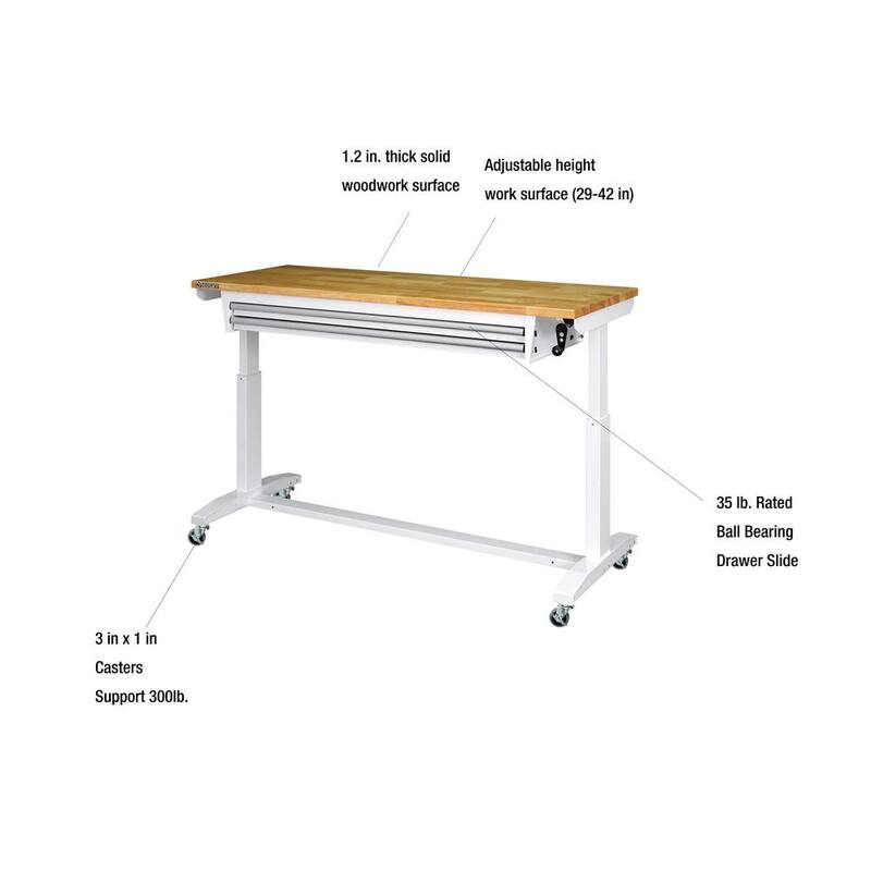 Mesa de trabajo Husky Tool Storage de 62 pulgadas de ancho en color blanco con altura ajustable y 2 cajones - HOLT6202BJ2.