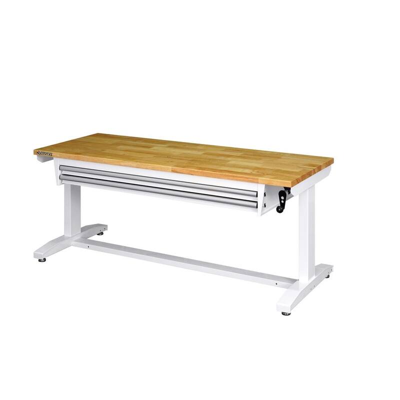 Mesa de trabajo Husky Tool Storage de 62 pulgadas de ancho en color blanco con altura ajustable y 2 cajones - HOLT6202BJ2.