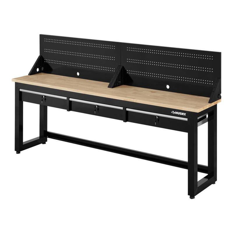 Banco de trabajo de 8 pies con tapa de madera maciza en color negro listo para armar con panel perforado y 3 cajones - G9603S-US