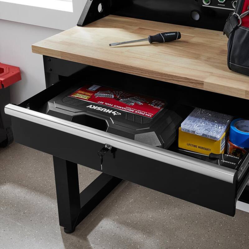 Banco de trabajo de 8 pies con tapa de madera maciza en color negro listo para armar con panel perforado y 3 cajones - G9603S-US