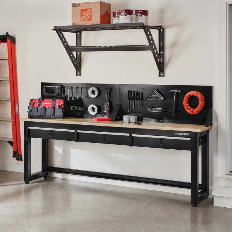 Banco de trabajo de 8 pies con tapa de madera maciza en color negro listo para armar con panel perforado y 3 cajones - G9603S-US