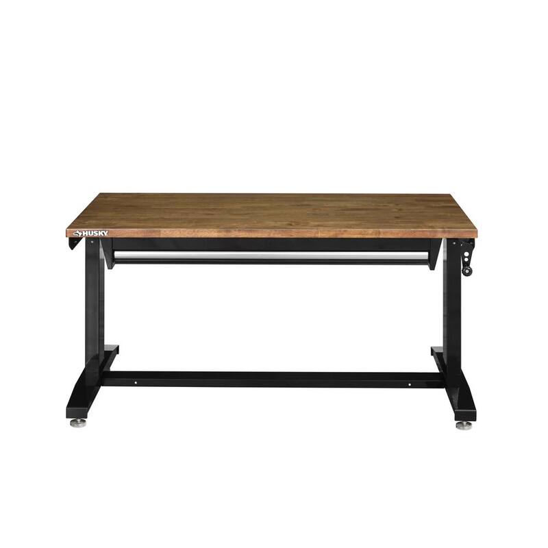 Banco de trabajo Husky de 52 pulgadas de ancho por 24 pulgadas de profundidad con 1 cajón y altura ajustable, color negro brillante con cubierta de madera teñida oscura - HOLT5201B11