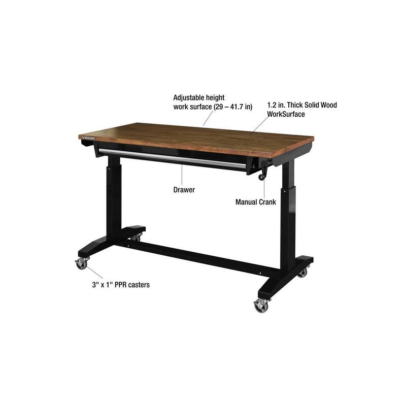 Banco de trabajo Husky de 52 pulgadas de ancho por 24 pulgadas de profundidad con 1 cajón y altura ajustable, color negro brillante con cubierta de madera teñida oscura - HOLT5201B11