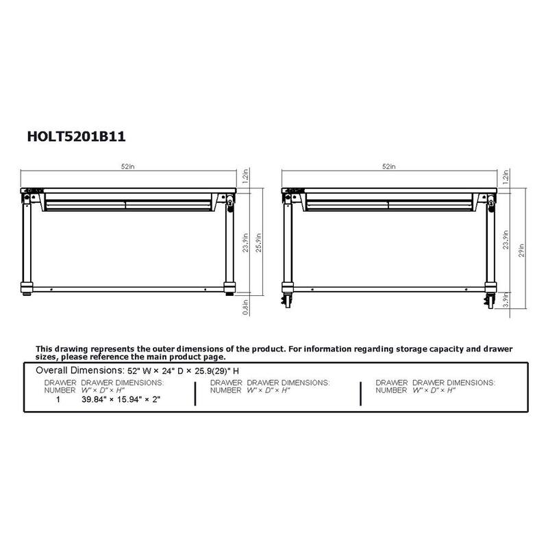 Banco de trabajo Husky de 52 pulgadas de ancho por 24 pulgadas de profundidad con 1 cajón y altura ajustable, color negro brillante con cubierta de madera teñida oscura - HOLT5201B11