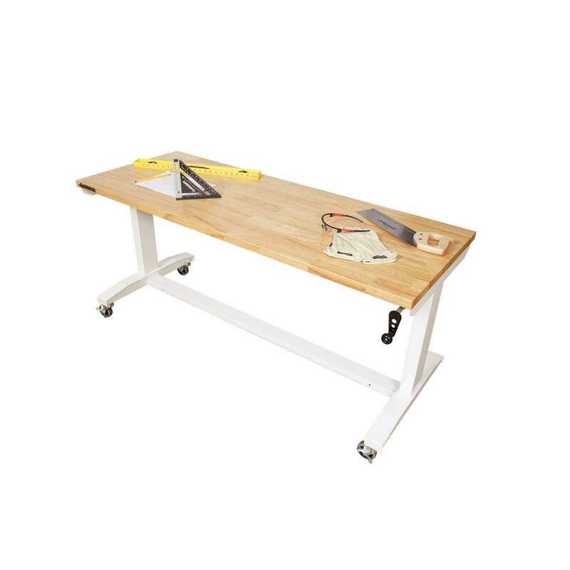 Mesa de trabajo blanca Husky de 62 pulgadas de ancho x 29 pulgadas de profundidad con altura ajustable y parte superior de madera sólida - HOLT62XDBJ2