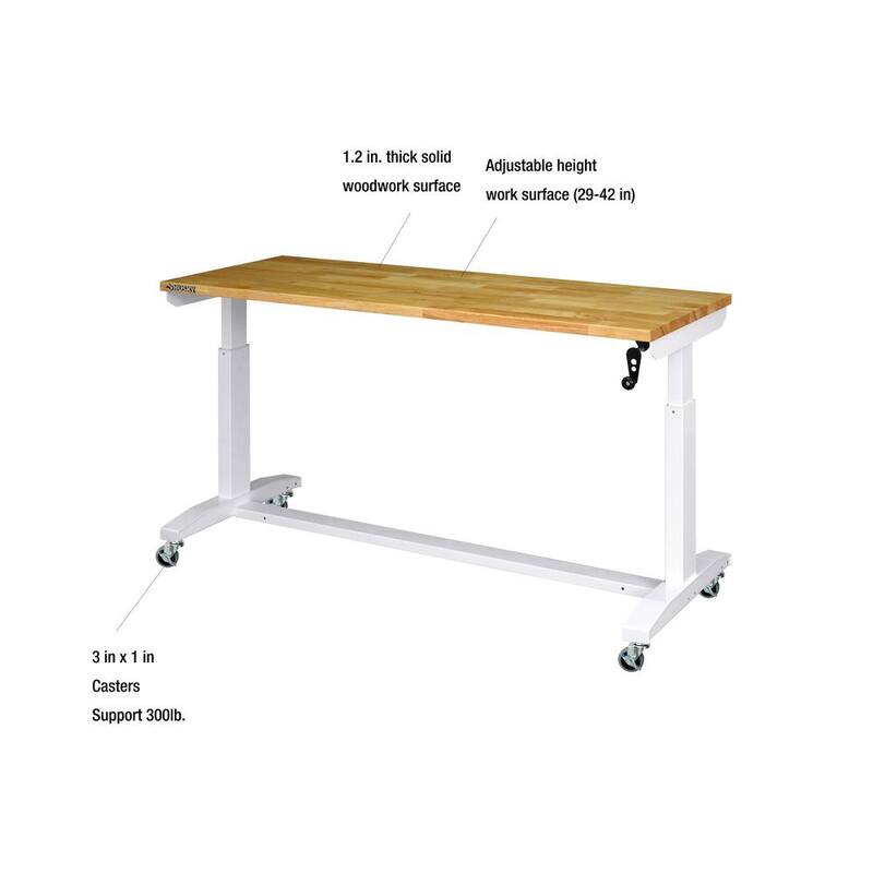 Mesa de trabajo blanca Husky de 62 pulgadas de ancho x 29 pulgadas de profundidad con altura ajustable y parte superior de madera sólida - HOLT62XDBJ2