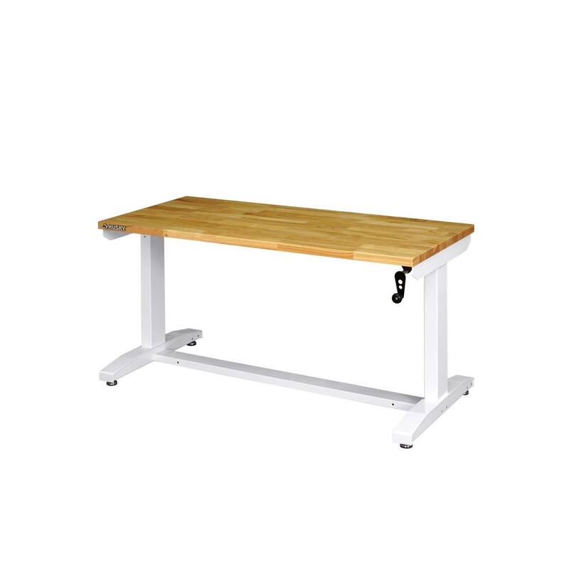 Mesa de trabajo blanca Husky de 62 pulgadas de ancho x 29 pulgadas de profundidad con altura ajustable y parte superior de madera sólida - HOLT62XDBJ2