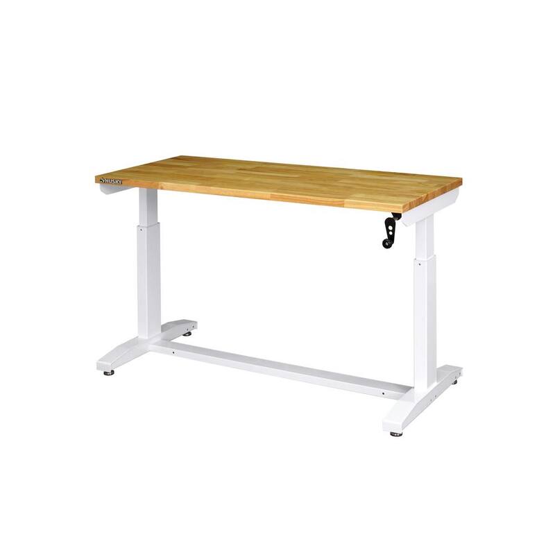 Mesa de trabajo blanca Husky de 62 pulgadas de ancho x 29 pulgadas de profundidad con altura ajustable y parte superior de madera sólida - HOLT62XDBJ2