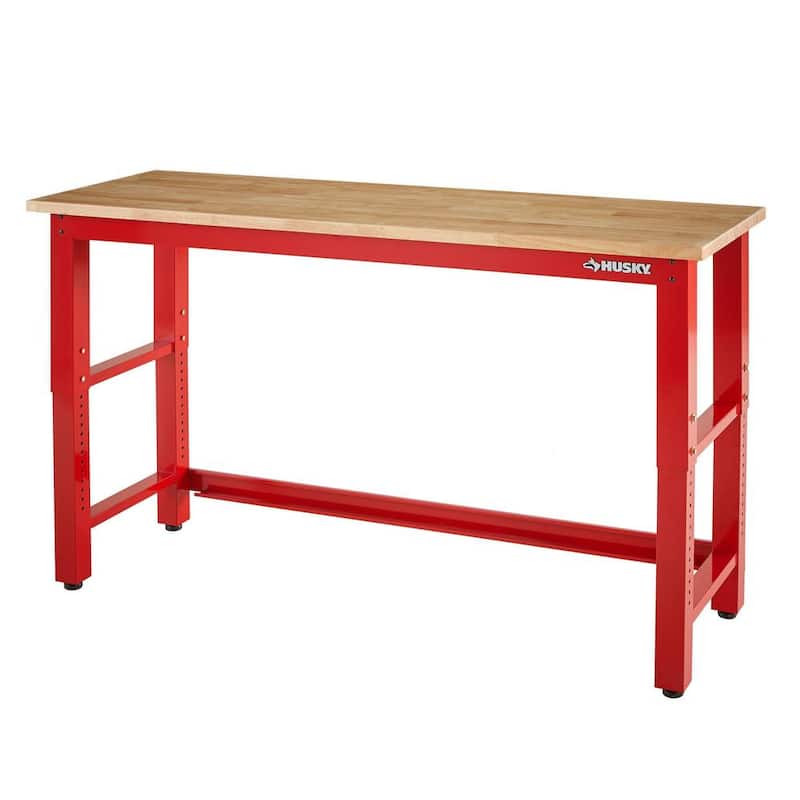 Mesa de trabajo Husky de 6 pies con altura ajustable y cubierta de madera sólida en color rojo para el sistema de almacenamiento de garaje de acero listo para armar - G7200SR-US