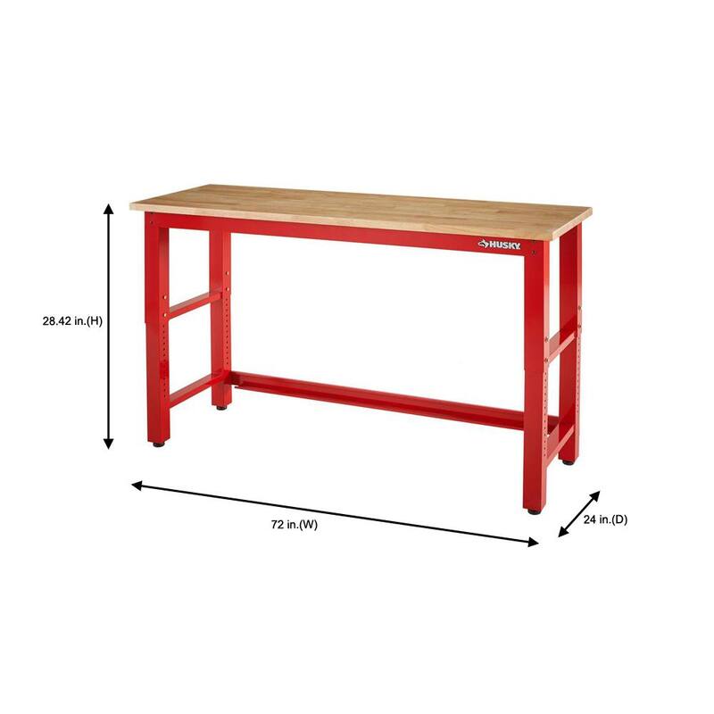 Mesa de trabajo Husky de 6 pies con altura ajustable y cubierta de madera sólida en color rojo para el sistema de almacenamiento de garaje de acero listo para armar - G7200SR-US